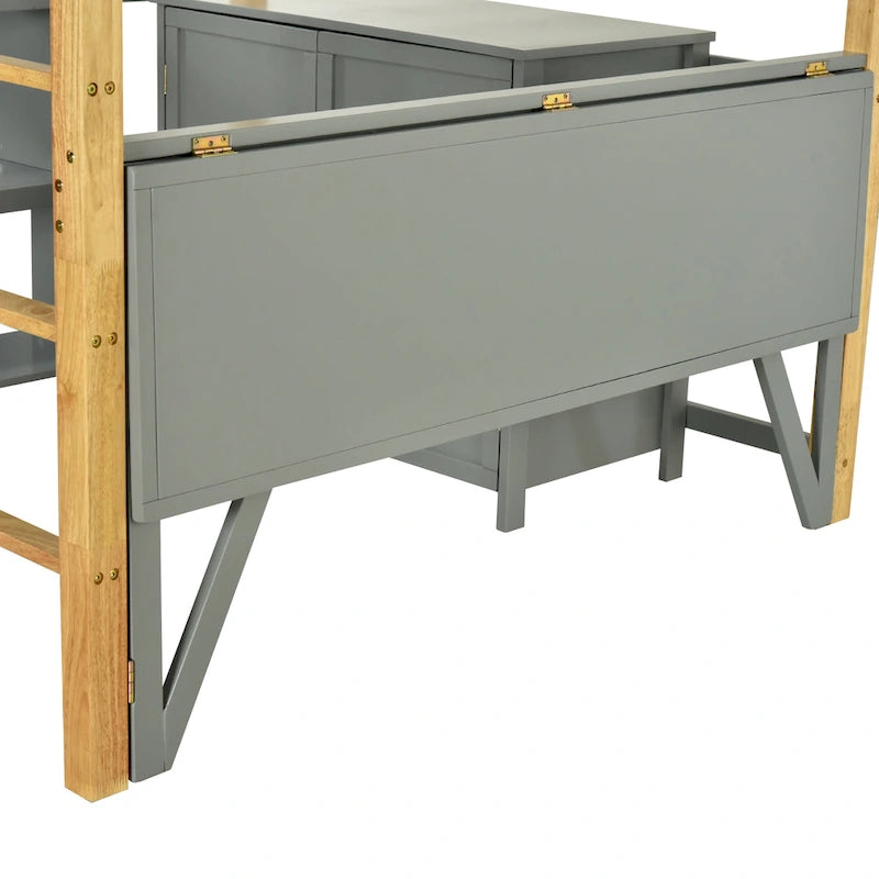 Cama alta doble gris de madera maciza con armario de almacenamiento incorporado y escritorio plegable