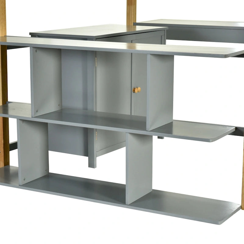 Cama alta doble gris de madera maciza con armario de almacenamiento incorporado y escritorio plegable