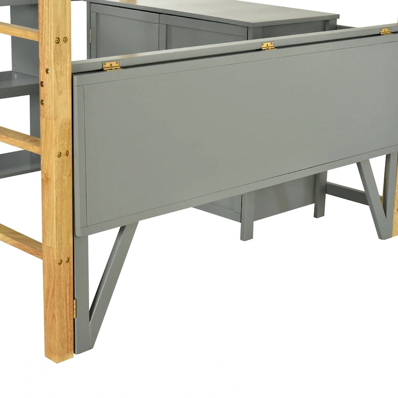 Cama alta doble gris de madera maciza con armario de almacenamiento incorporado y escritorio plegable