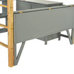 Cama alta doble gris de madera maciza con armario de almacenamiento incorporado y escritorio plegable