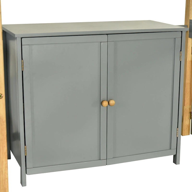 Cama alta doble gris de madera maciza con armario de almacenamiento incorporado y escritorio plegable