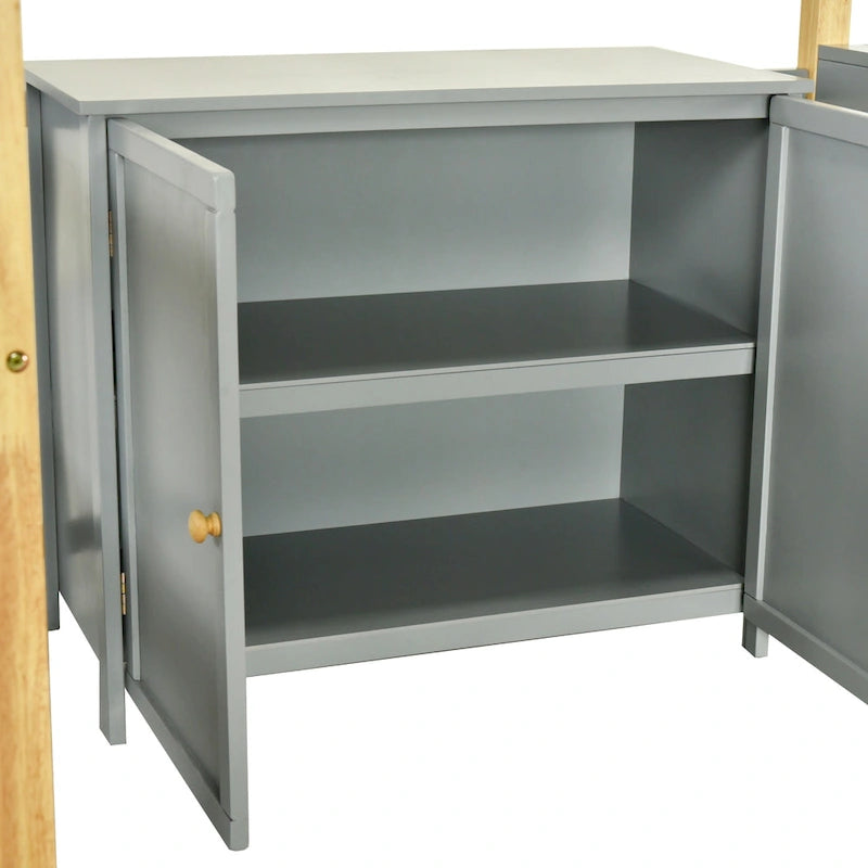 Cama alta doble gris de madera maciza con armario de almacenamiento incorporado y escritorio plegable