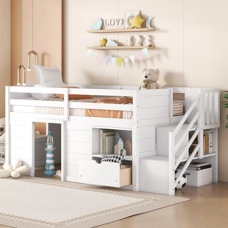 Cama nido baja doble de madera maciza blanca con escalera de almacenamiento y cajón | Niños