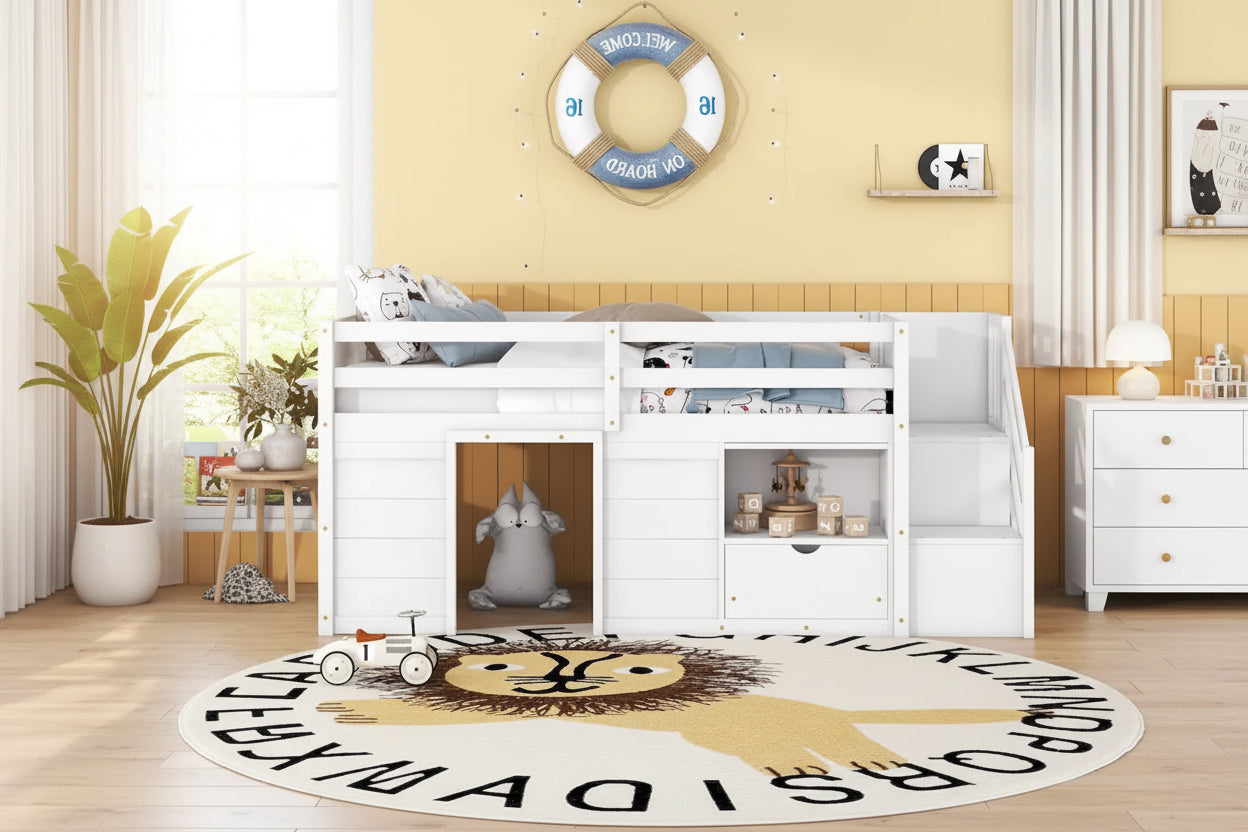 White Twin Solid Wood Low Loft Bed with Stair & Drawer