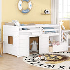 Cama nido baja doble de madera maciza blanca con escalera de almacenamiento y cajón | Niños