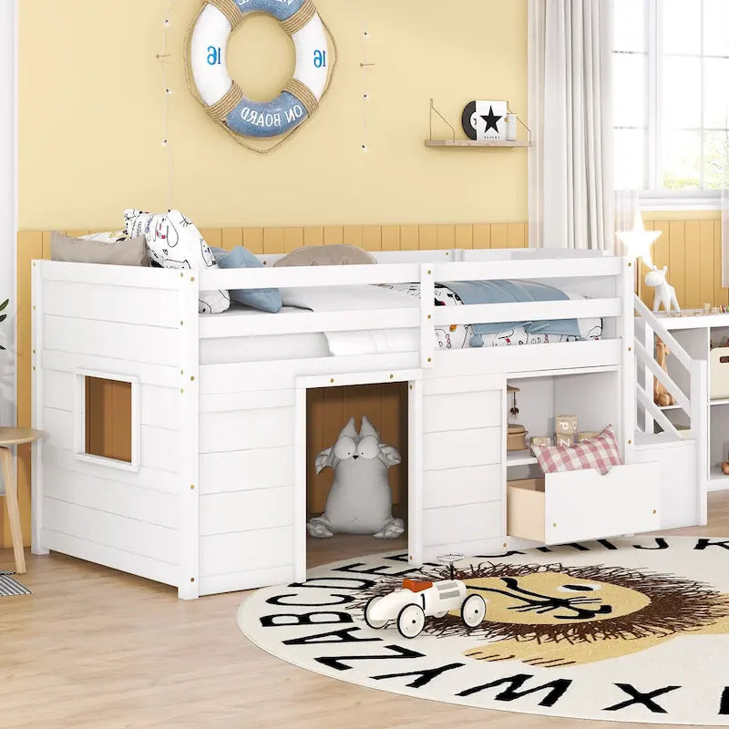 Cama nido baja doble de madera maciza blanca con escalera de almacenamiento y cajón | Niños