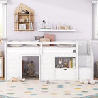 Cama nido baja doble de madera maciza blanca con escalera de almacenamiento y cajón | Niños