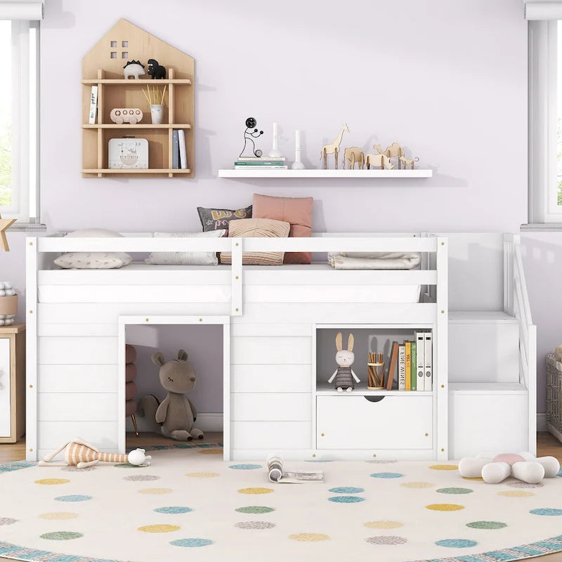 Cama nido baja doble de madera maciza blanca con escalera de almacenamiento y cajón | Niños