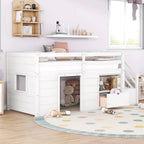 Cama nido baja doble de madera maciza blanca con escalera de almacenamiento y cajón | Niños