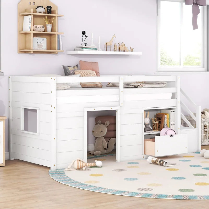 Cama nido baja doble de madera maciza blanca con escalera de almacenamiento y cajón | Niños
