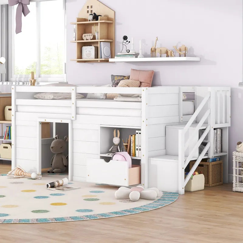 Cama nido baja doble de madera maciza blanca con escalera de almacenamiento y cajón | Niños