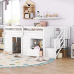 Cama nido baja doble de madera maciza blanca con escalera de almacenamiento y cajón | Niños