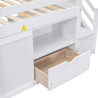 Cama nido baja doble de madera maciza blanca con escalera de almacenamiento y cajón | Niños