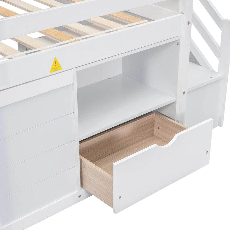 Cama nido baja doble de madera maciza blanca con escalera de almacenamiento y cajón | Niños