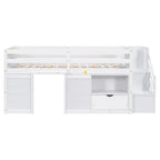 Cama nido baja doble de madera maciza blanca con escalera de almacenamiento y cajón | Niños