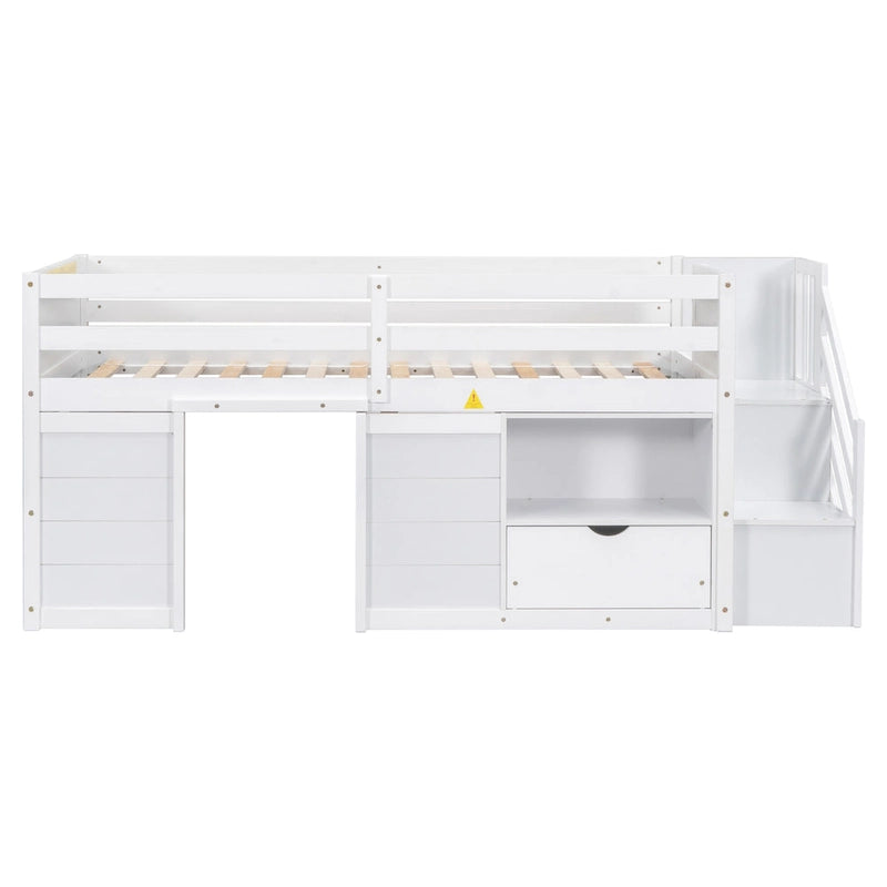 Cama nido baja doble de madera maciza blanca con escalera de almacenamiento y cajón | Niños