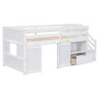 Cama nido baja doble de madera maciza blanca con escalera de almacenamiento y cajón | Niños