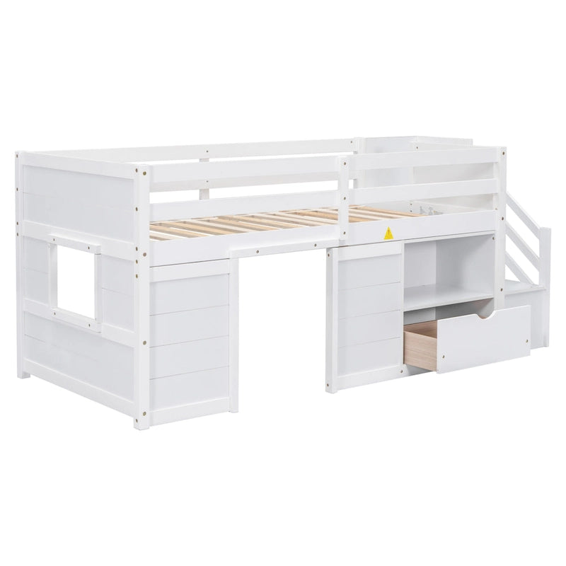 Cama nido baja doble de madera maciza blanca con escalera de almacenamiento y cajón | Niños