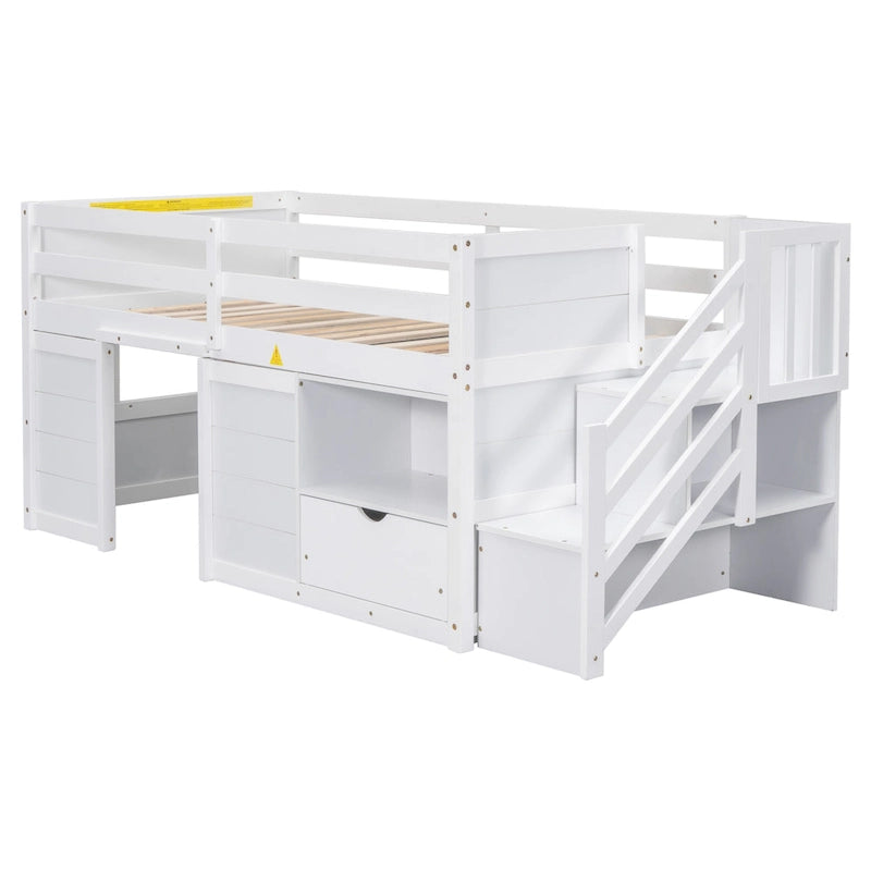 Cama nido baja doble de madera maciza blanca con escalera de almacenamiento y cajón | Niños