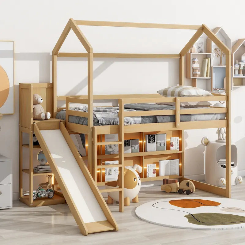 Cama alta tipo loft Twin Wood House con tobogán, luces LED y estantes de almacenamiento | 400 lb