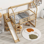 Cama alta tipo loft Twin Wood House con tobogán, luces LED y estantes de almacenamiento | 400 lb