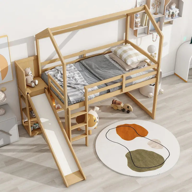 Cama alta tipo loft Twin Wood House con tobogán, luces LED y estantes de almacenamiento | 400 lb