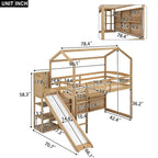Cama alta tipo loft Twin Wood House con tobogán, luces LED y estantes de almacenamiento | 400 lb