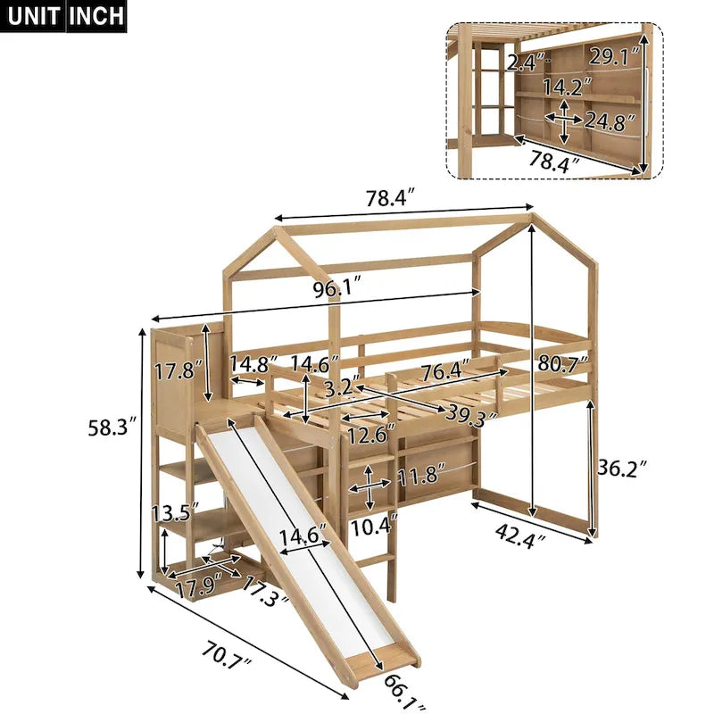Cama alta tipo loft Twin Wood House con tobogán, luces LED y estantes de almacenamiento | 400 lb