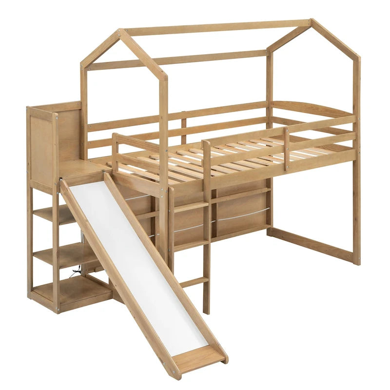 Cama alta tipo loft Twin Wood House con tobogán, luces LED y estantes de almacenamiento | 400 lb