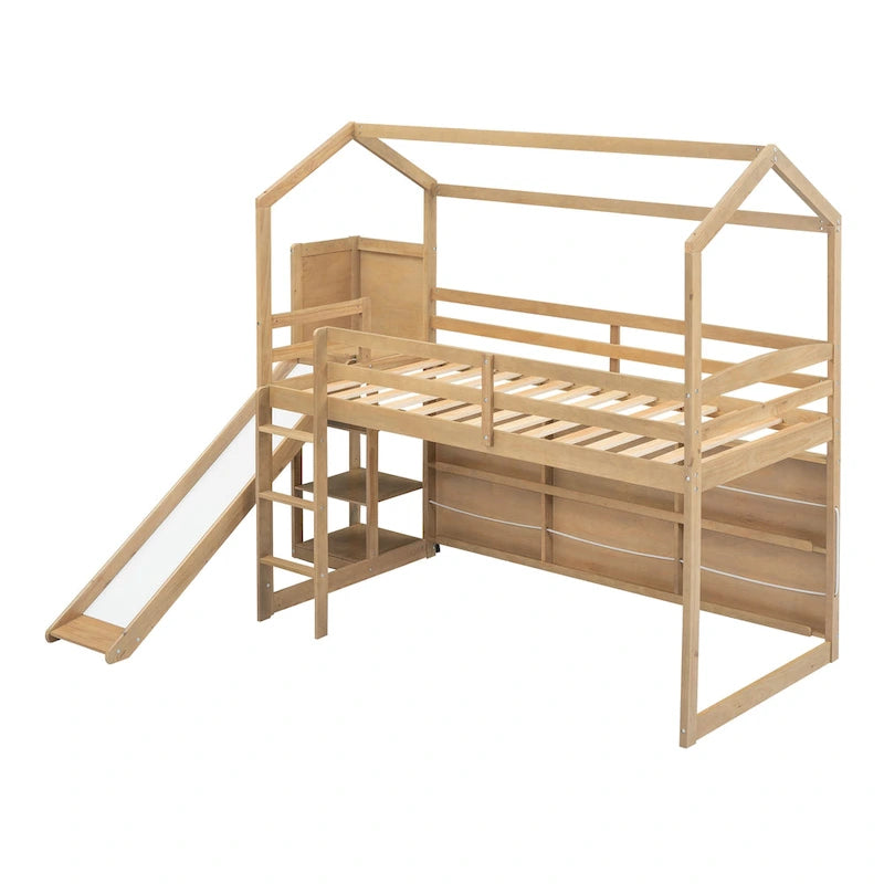 Cama alta tipo loft Twin Wood House con tobogán, luces LED y estantes de almacenamiento | 400 lb