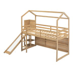 Cama alta tipo loft Twin Wood House con tobogán, luces LED y estantes de almacenamiento | 400 lb