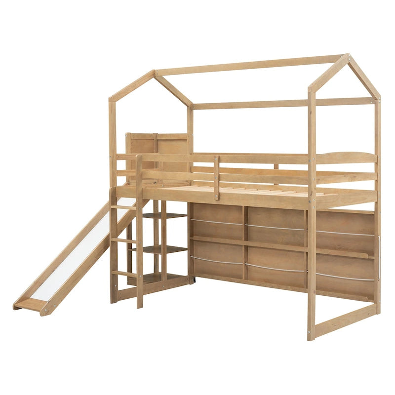 Cama alta tipo loft Twin Wood House con tobogán, luces LED y estantes de almacenamiento | 400 lb
