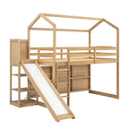 Cama alta tipo loft Twin Wood House con tobogán, luces LED y estantes de almacenamiento | 400 lb