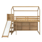 Cama alta tipo loft Twin Wood House con tobogán, luces LED y estantes de almacenamiento | 400 lb