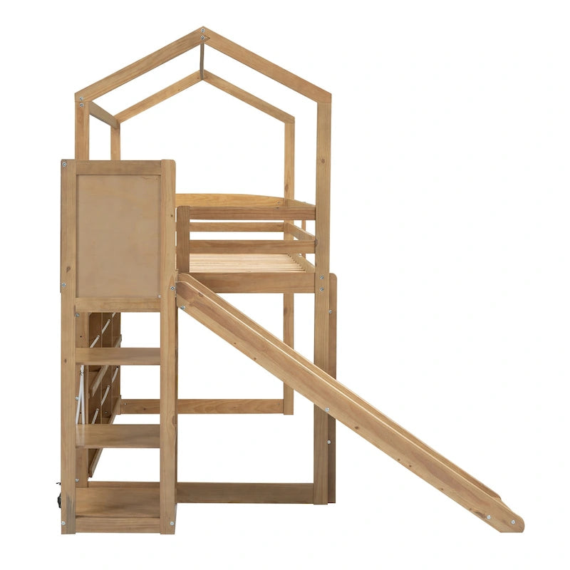 Cama alta tipo loft Twin Wood House con tobogán, luces LED y estantes de almacenamiento | 400 lb