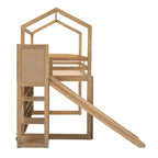 Cama alta tipo loft Twin Wood House con tobogán, luces LED y estantes de almacenamiento | 400 lb