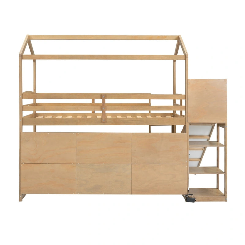 Cama alta tipo loft Twin Wood House con tobogán, luces LED y estantes de almacenamiento | 400 lb