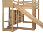 Cama alta tipo loft Twin Wood House con tobogán, luces LED y estantes de almacenamiento | 400 lb
