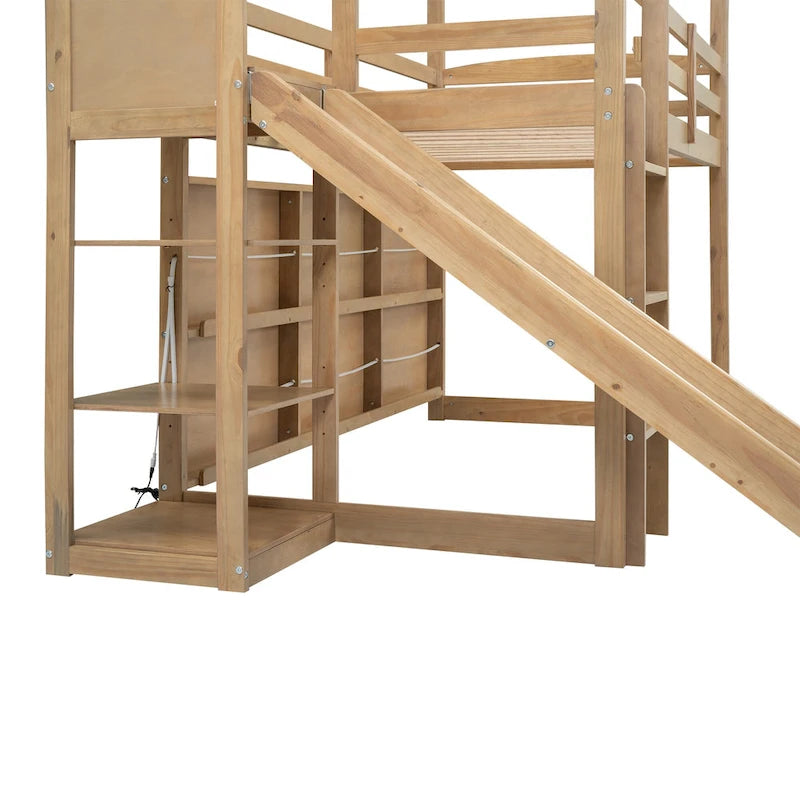 Cama alta tipo loft Twin Wood House con tobogán, luces LED y estantes de almacenamiento | 400 lb