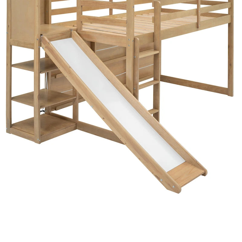 Cama alta tipo loft Twin Wood House con tobogán, luces LED y estantes de almacenamiento | 400 lb