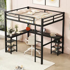 Cama alta de metal con escritorio y estante de almacenamiento | Muebles de dormitorio que ahorran espacio
