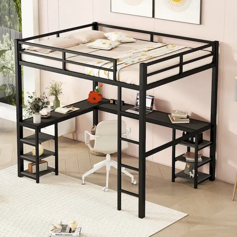 Cama alta de metal con escritorio y estante de almacenamiento | Muebles de dormitorio que ahorran espacio