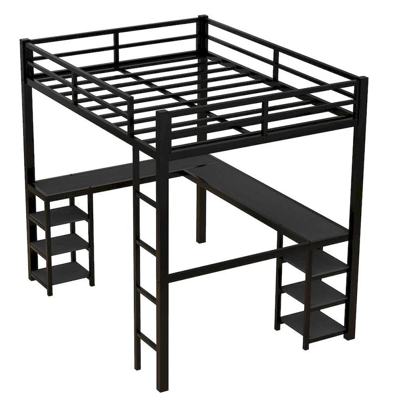 Cama alta de metal con escritorio y estante de almacenamiento | Muebles de dormitorio que ahorran espacio