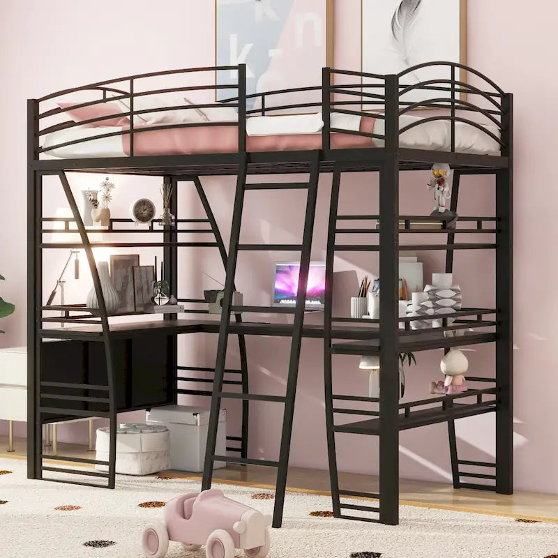 Cama alta de metal con escritorio en forma de L, estantes, enchufes, puertos USB y carga inalámbrica