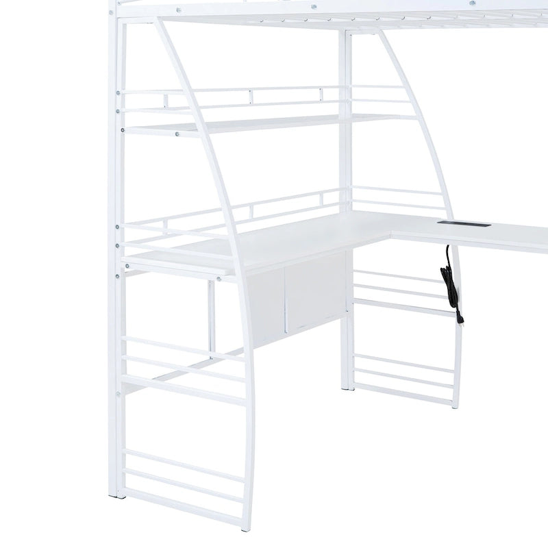 Cama alta de metal con escritorio en forma de L, estantes, enchufes, puertos USB y carga inalámbrica