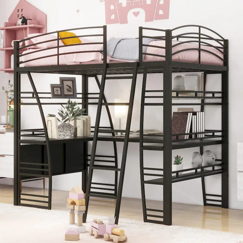 Cama alta de metal con escritorio en forma de L, estantes, enchufes, puertos USB y carga inalámbrica