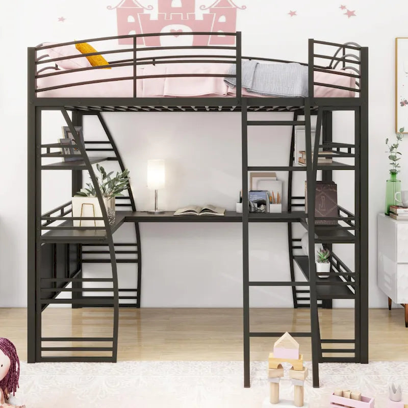 Cama alta de metal con escritorio en forma de L, estantes, enchufes, puertos USB y carga inalámbrica