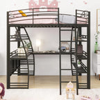 Cama alta de metal con escritorio en forma de L, estantes, enchufes, puertos USB y carga inalámbrica