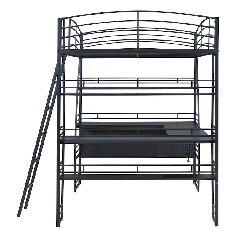 Cama alta de metal con escritorio en forma de L, estantes, enchufes, puertos USB y carga inalámbrica