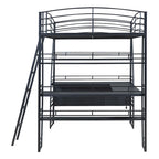 Cama alta de metal con escritorio en forma de L, estantes, enchufes, puertos USB y carga inalámbrica